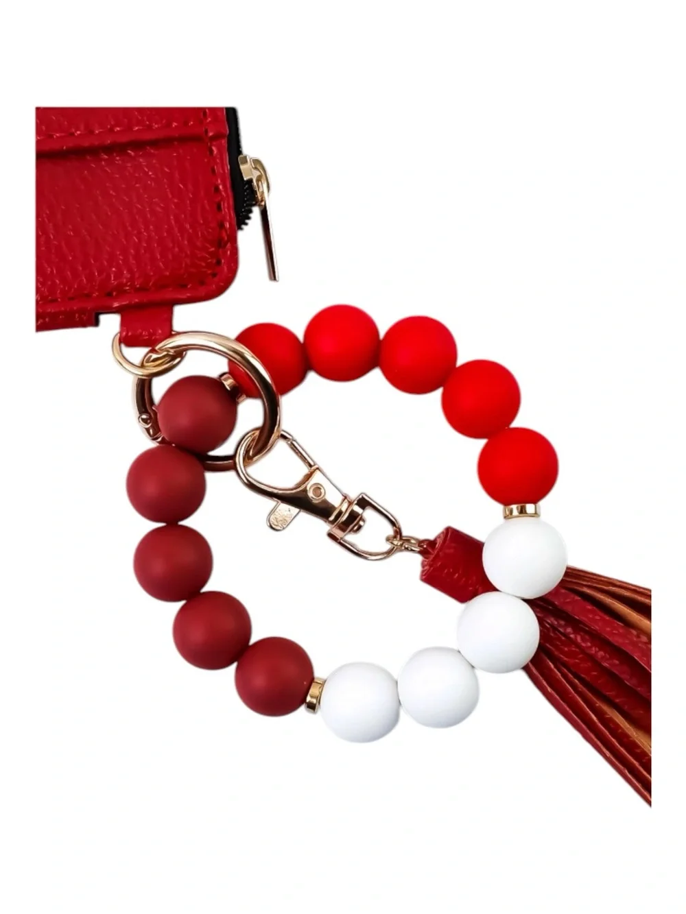 Red Beaded Wristlet Keychain with Tassel